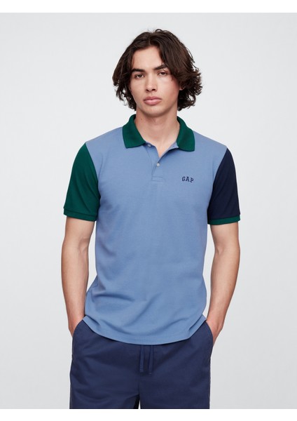 Erkek Mavi Colorblock Stretch Pique Polo T-Shirt