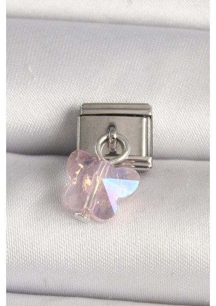 316L Çelik Gümüş Renk Pembe Zirkon Taşlı Kelebek Model Nomination Charm