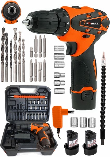 18 V Bakır Sargılı Dark Orange +24 Parça Çift Akülü Şarjlı El Tipi Vidalama Matkap Seti