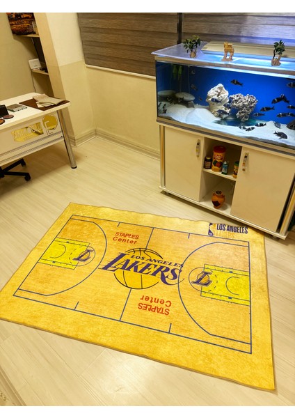 Nba Temalı Özel Süngerli Yüzey Makinede Yıkanabilir Basketbol Sahası Şeklinde Halı - Kaymaz Taban