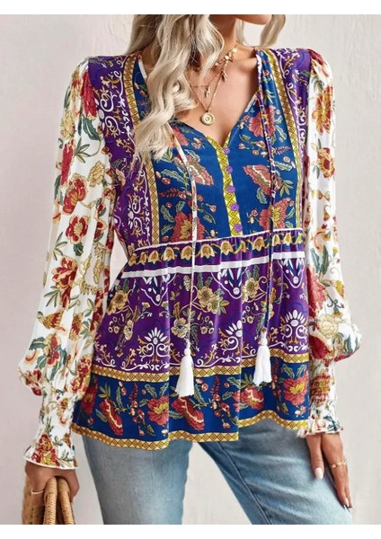 Kadın Uzun Kollu Yakası Açık Bağcıklı Çiçek Desenli Salaş Bluz fırsatları