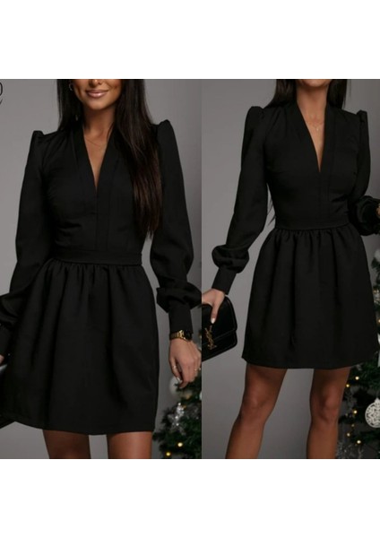 Kadın Uzun Kollu V Yaka Belden Hafif Pileli Scuba Krep Mini Boy Elbise fırsatları