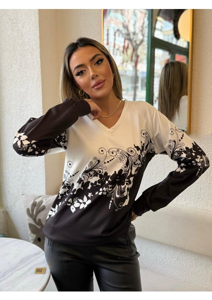 Kadın Uzun Kollu V Yakalı Çiçek Baskılı Şardonlu Dalgıç Bluz modelleri