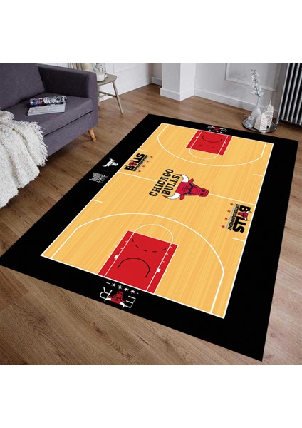 Nba Temalı Özel Süngerli Yüzey Makinede Yıkanabilir Basketbol Sahası Şeklinde Halı - Kaymaz Taban