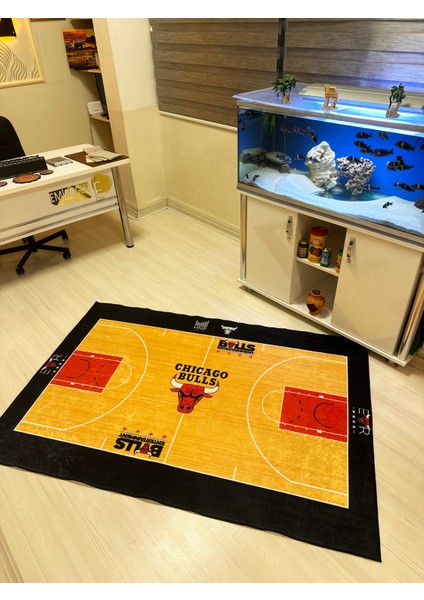 Nba Temalı Özel Süngerli Yüzey Makinede Yıkanabilir Basketbol Sahası Şeklinde Halı - Kaymaz Taban