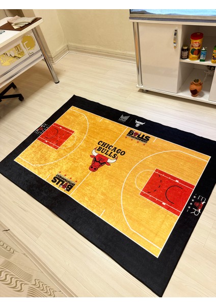 Nba Temalı Özel Süngerli Yüzey Makinede Yıkanabilir Basketbol Sahası Şeklinde Halı - Kaymaz Taban