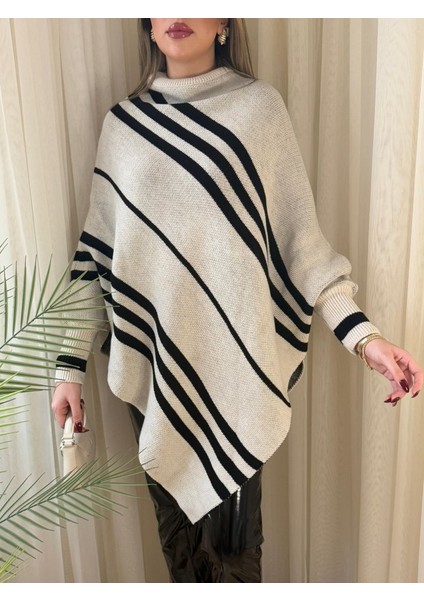 Kadın Uzun Yarasa Kollu Yüksek Boyunlu Asimetrik Kesim Triko Pelerin Kazak fiyatları