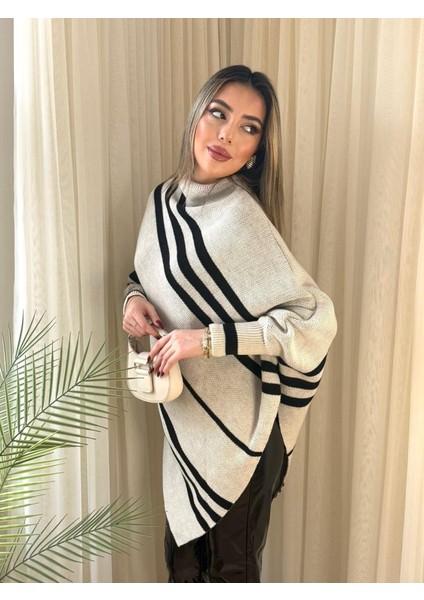 Kadın Uzun Yarasa Kollu Yüksek Boyunlu Asimetrik Kesim Triko Pelerin Kazak modelleri