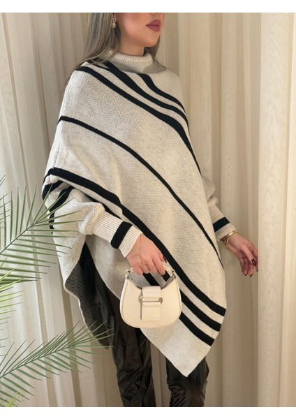 Kadın Uzun Yarasa Kollu Yüksek Boyunlu Asimetrik Kesim Triko Pelerin Kazak fırsatları
