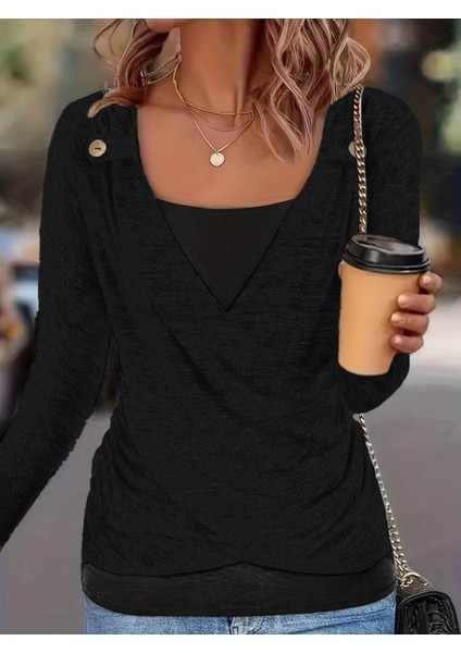 Kadın Uzun Kollu V Yaka Düğme Detaylı Yumoş Bluz fiyatları