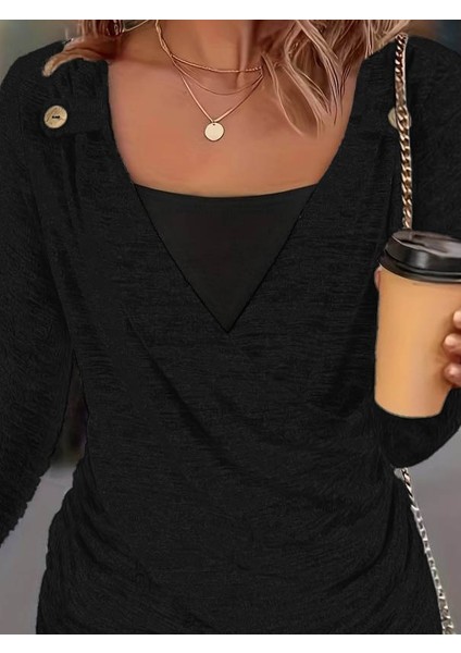 Kadın Uzun Kollu V Yaka Düğme Detaylı Yumoş Bluz modelleri