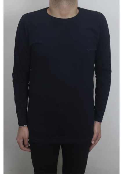 Fistan Store Erkek Lacivert Düz Spor Kesim Normal Kalıp Bisiklet Yaka Uzun Kollu Body