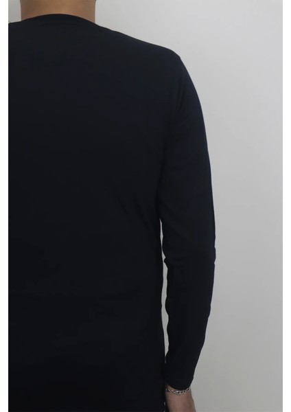 Fistan Store Erkek Lacivert Düz Spor Kesim Normal Kalıp Bisiklet Yaka Uzun Kollu Body