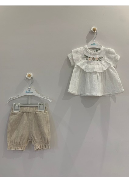 Kız Bebek Çiçek Nakışlı Yazlık Müslin Takım