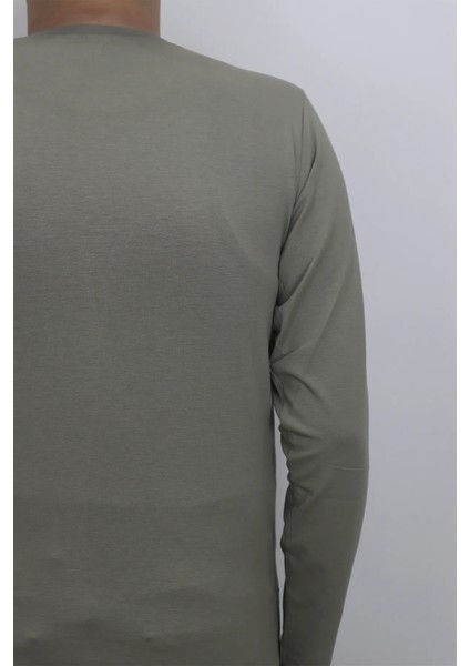 Fistan Store Erkek Haki Yeşil Düz Spor Kesim Normal Kalıp Bisiklet Yaka Uzun Kollu Body