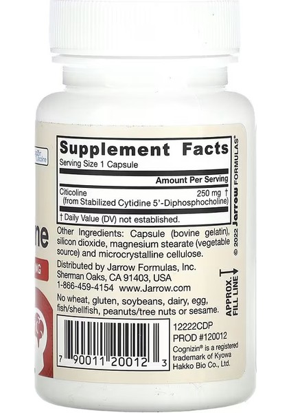 Jarrow Formulas, Citicoline,(Sitikolin) Cdp Choline, Brain Health And Memory 250 mg, 60 Caps
