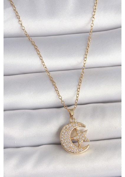 316L Çelik Gold Renk Zincir Zirkon Taşlı Ay Yıldız Model Kadın Kolye - TJ-BKO10107