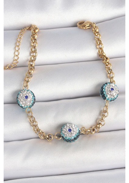 316L Çelik Gold Renk Zirkon Taşlı Nazar Boncuk Model Kadı Bileklik - TJ-BB6958