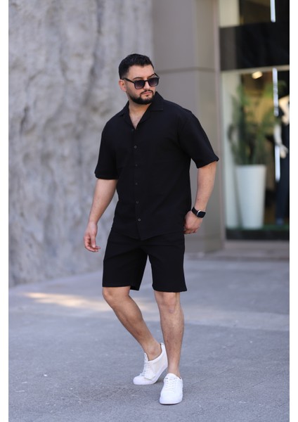 Siyah Renk Gömlek Şort Erkek Keten Takım Oversize Kalıp