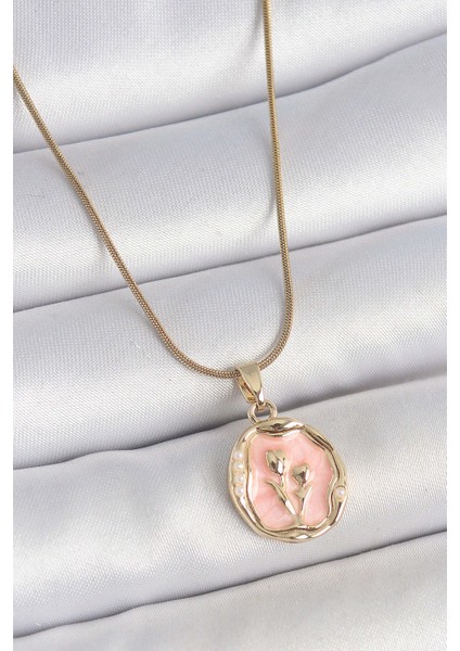 316L Çelik Gold Renk Zincir Pembe Mineli Çiçek Işlemeli Portre Model Kadın Kolye - TJ-BKO10165