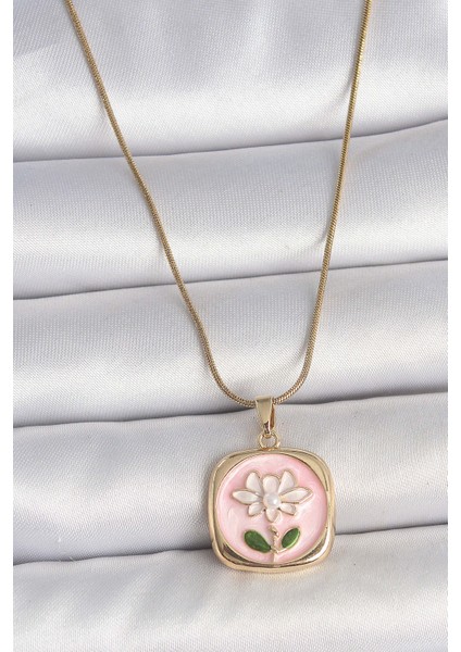 316L Çelik Gold Renk Zincir Pembe Papatya Işlemeli Inci Detay Kadın Kolye - TJ-BKO10082
