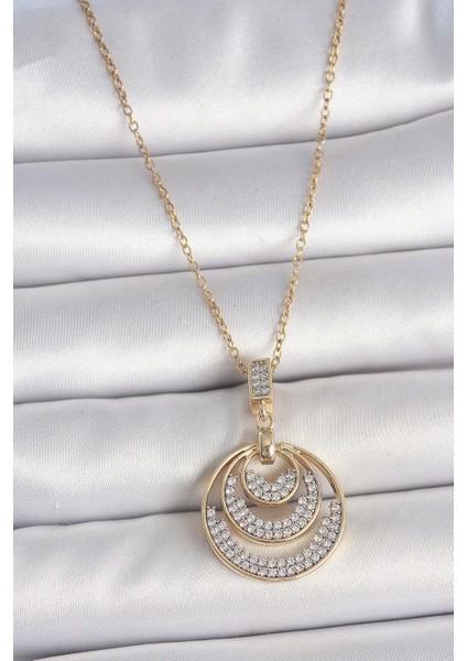 316L Çelik Gold Renk Zirkon Taşlı Madalyon Model Kadın Kolye - TJ-BKO10089