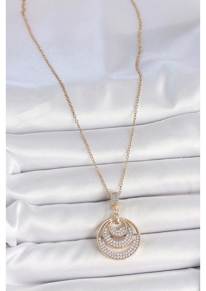 316L Çelik Gold Renk Zirkon Taşlı Madalyon Model Kadın Kolye - TJ-BKO10089