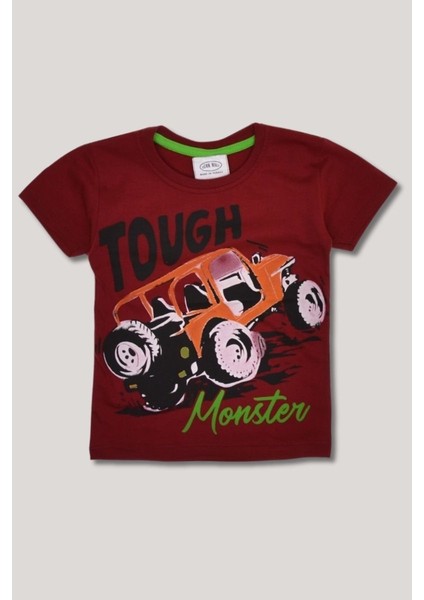 Erkek Çocuk Penye Tişört - Bordo Tough Monster Baskılı %100 Pamuk T-Shirt - 8-9-10-11-12-13 Yaş
