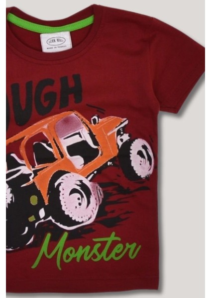 Erkek Çocuk Penye Tişört - Bordo Tough Monster Baskılı %100 Pamuk T-Shirt - 8-9-10-11-12-13 Yaş fiyatları