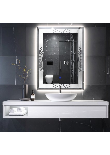 Solrae Beyaz Led'li Lazer Kumlamalı Lavabo & Banyo Aynası (Dokunmatik Sensörlü)