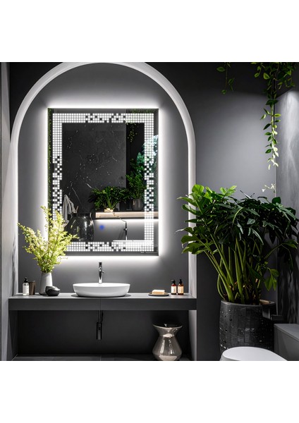 Solrae Beyaz Led'li Lazer Kumlamalı Lavabo & Banyo Aynası (Dokunmatik Sensörlü)
