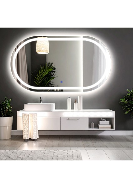 Ovanta Beyaz Led'li Lazer Kumlamalı Lavabo & Banyo Aynası (Dokunmatik Sensörlü)