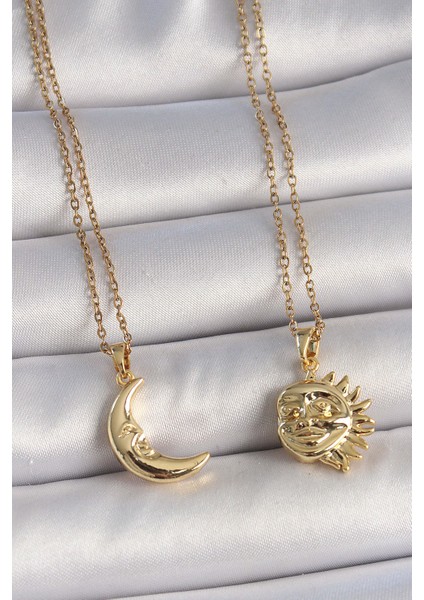 316L Çelik Gold Renk Ay Güneş Model Arkadaşlık Kadın Kolye - TJ-BKO10027