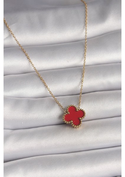 316L Çelik Gold Renk Kırmızı Yonca Model Kadın Kolye - TJ-BKO10015
