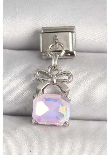 316L Çelik Gümüş Renk Pembe Zirkon Taşlı Çanta Model Nomination Charm - TJ-BC1301