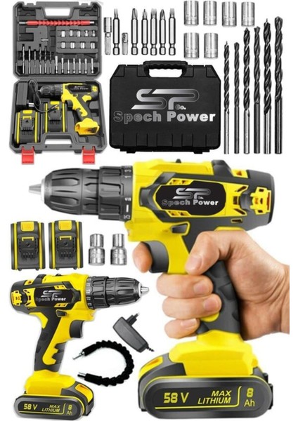 Spech Power x 58 V 8 Ah Çift Akülü Metal Dişli Şanzıman Şarjlı Vidalama Matkap 28 Parça Uç Setli