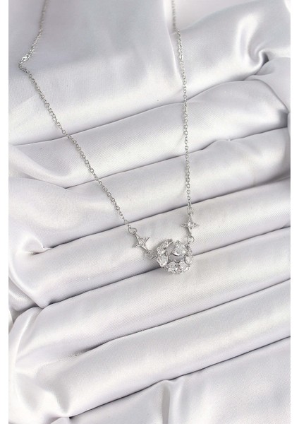 316L Çelik Gümüş Renk Zirkon Taşlı Hilal Kalp Model Kadın Kolye - TJ-BKO9929 fiyatları