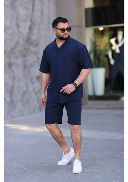 Lacivert Renk Gömlek Şort Erkek Keten Takım Oversize Kalıp