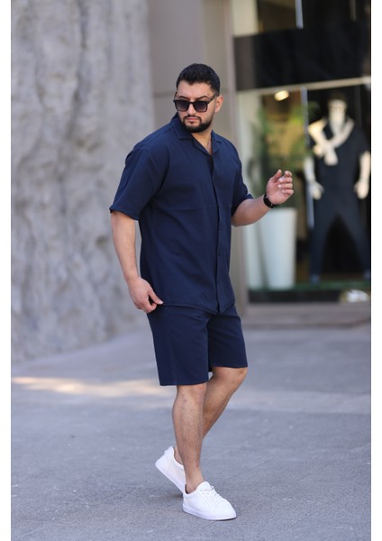 Lacivert Renk Gömlek Şort Erkek Keten Takım Oversize Kalıp