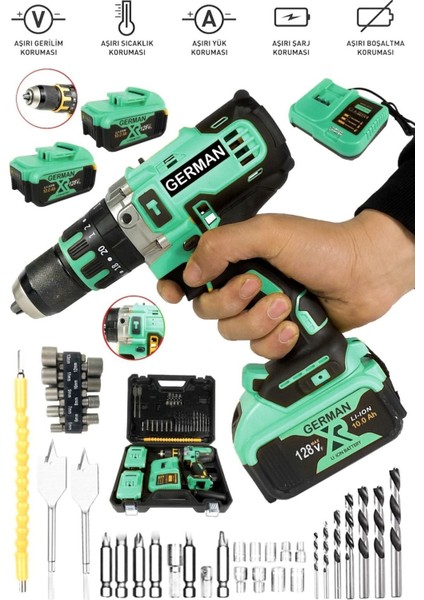 128 Vf Bakır Sargılı Darbeli Şarjlı Matkap Çift Akülü Metal Şanzıman Vidalama