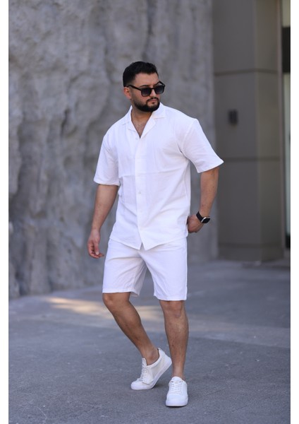 Beyaz Renk Gömlek Şort Erkek Keten Takım Oversize Kalıp