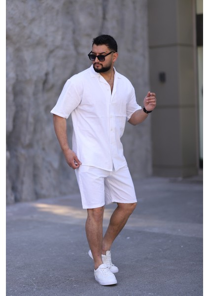 Beyaz Renk Gömlek Şort Erkek Keten Takım Oversize Kalıp
