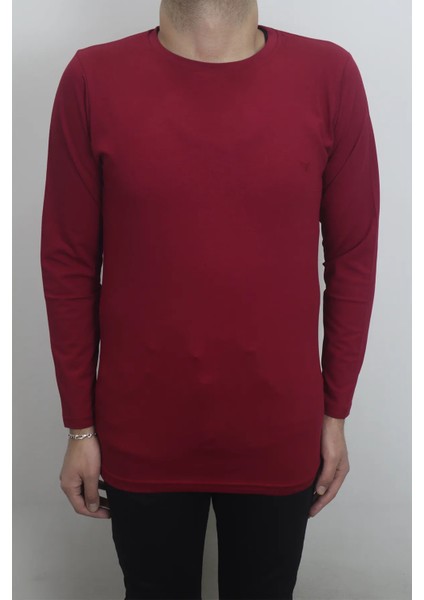Fistan Store Erkek Bordo Düz Spor Kesim Normal Kalıp Bisiklet Yaka Uzun Kollu Body
