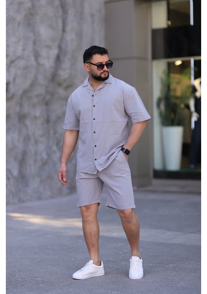 Gri Renk Gömlek Şort Erkek Keten Takım Oversize Kalıp