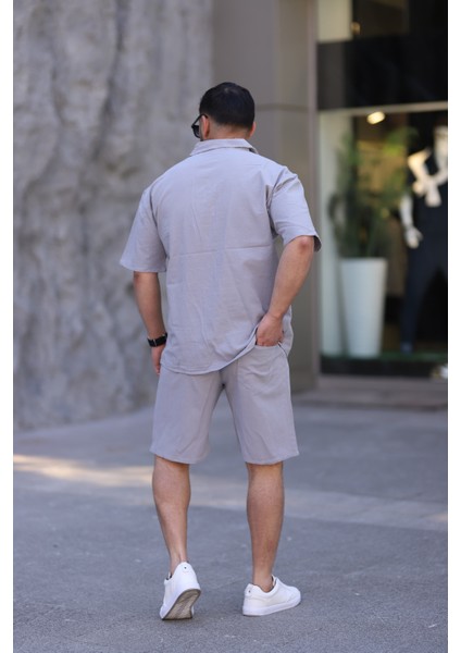 Gri Renk Gömlek Şort Erkek Keten Takım Oversize Kalıp