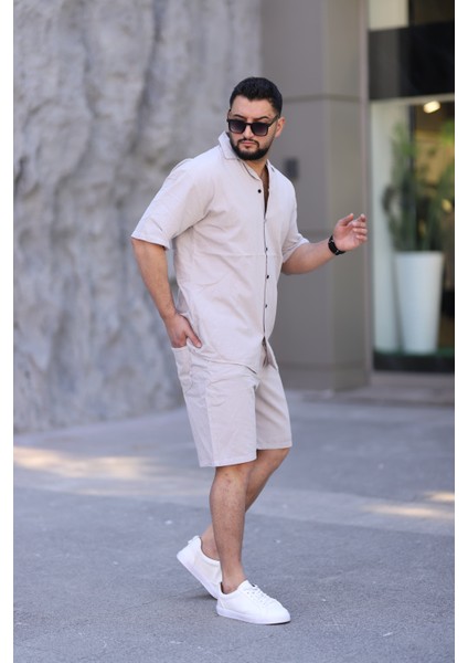 Taş Renk Gömlek Şort Erkek Keten Takım Oversize Kalıp