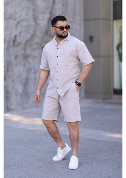 Taş Renk Gömlek Şort Erkek Keten Takım Oversize Kalıp