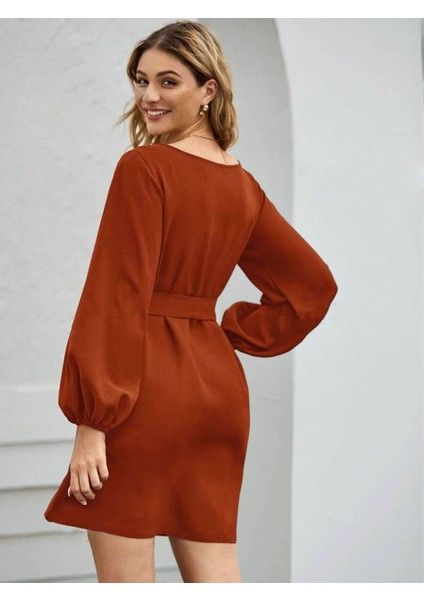 Kadın Uzun Kollu Kayık Yaka Belden Kuşaklı Kısa Ithal Krep Elbise indirimleri