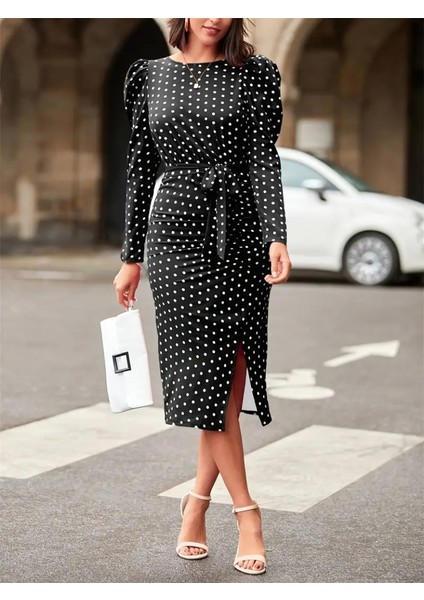 Kadın Uzun Kollu Yuvarlak Yaka Belden Kuşaklı Önden Yırtmaçlı Örme Krep Elbise indirimleri