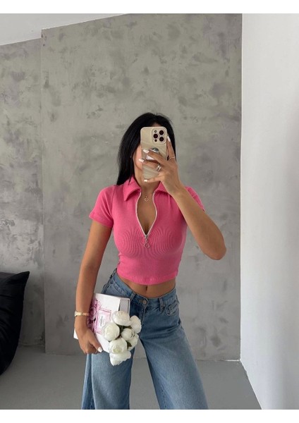 Kaşkorse Yaka Fermuarlı Bluz Fuşya
